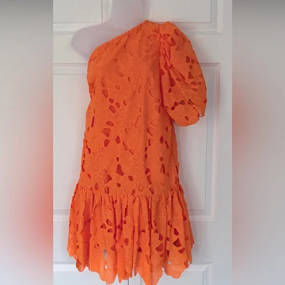 Zac Posen Dress Mini Floral Embroidered One-Shoulder Apricot Dress Size 4 - Picture 4 of 16